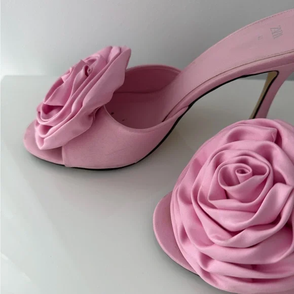 Zara | Satin Flower High Heel Slides - Picture 2 of 8